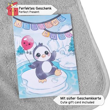 Corimori Badetuch Baby Kapuzenbadetuch mit Grußkarte, Geschenk-Set, Baumwolle (1-St), Pinguin Motiv