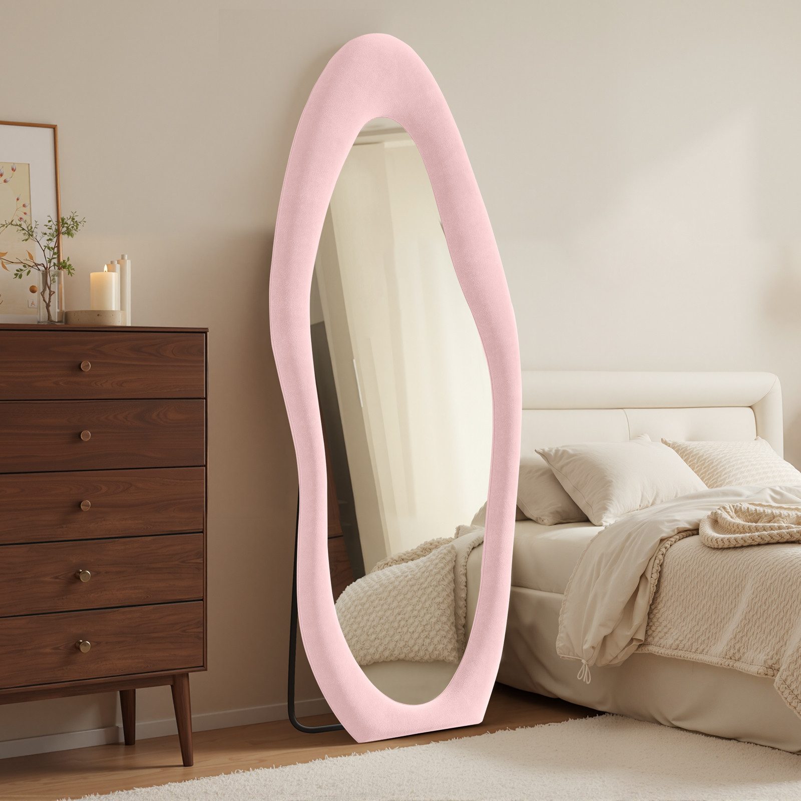 LUNAMIRROR Ganzkörperspiegel in organische Form, mit Samtbezug und Holzrahmen (1-St), stehend & hängend, 160x60 cm