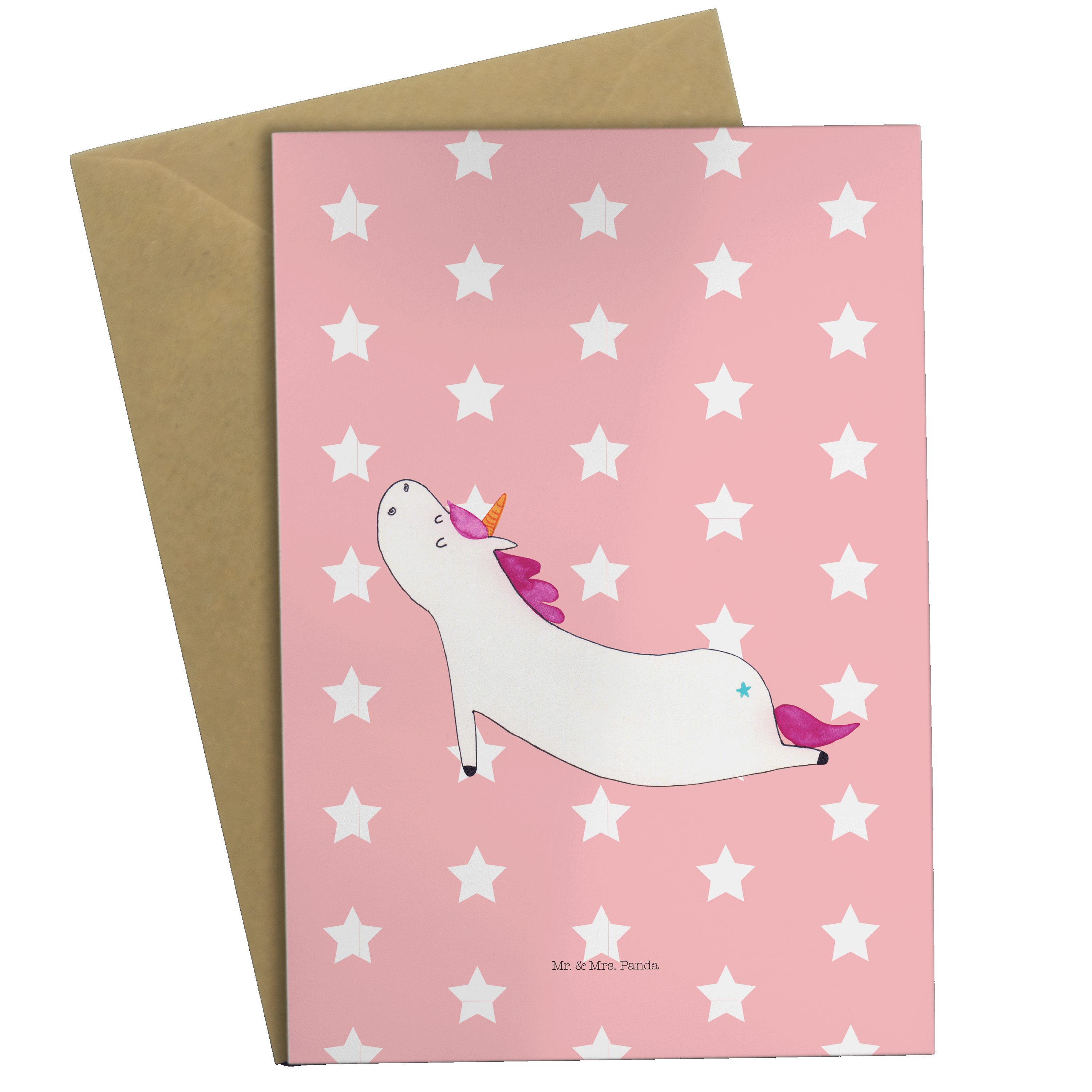 Mr. & Mrs. Panda Grußkarte Einhorn Yoga - Rot Pastell - Geschenk, Klappkarte, Unicorn, Geburtsta | Grußkarten