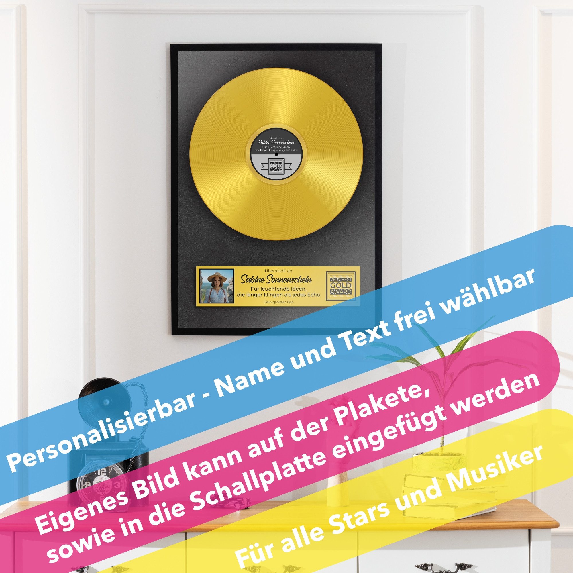 Lineo Poster Personalisierte Goldene Schallplatte mit Foto & Name