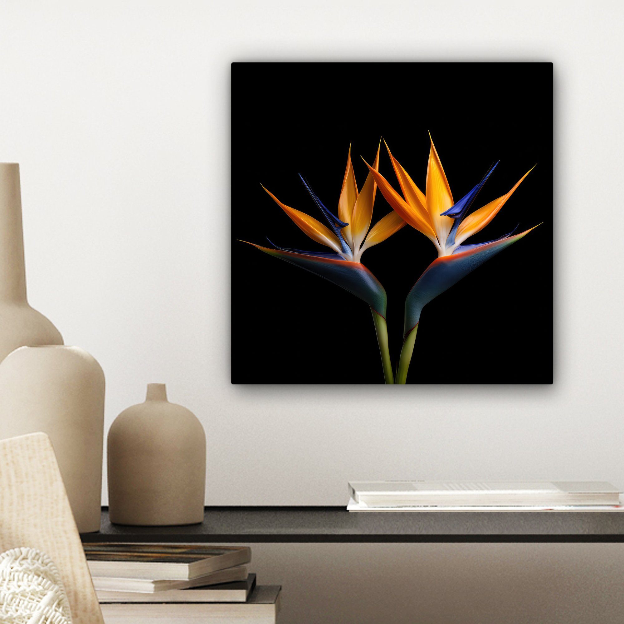 Blumen Paradiesvogelblume 20x20 Wohnzimmer - Porträt Bilder Leinwand - - St), OneMillionCanvasses® für Schlafzimmer, Schwarz, Pflanzen Leinwandbild (1 - cm