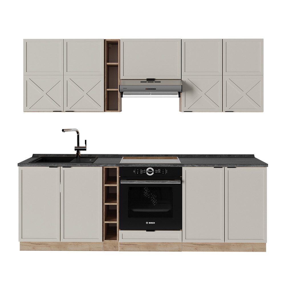 Vicco Küchenzeile Fame-Line, GrauBeige/Goldkraft Eiche/Goldkraft Eiche, 235 cm, AP A...