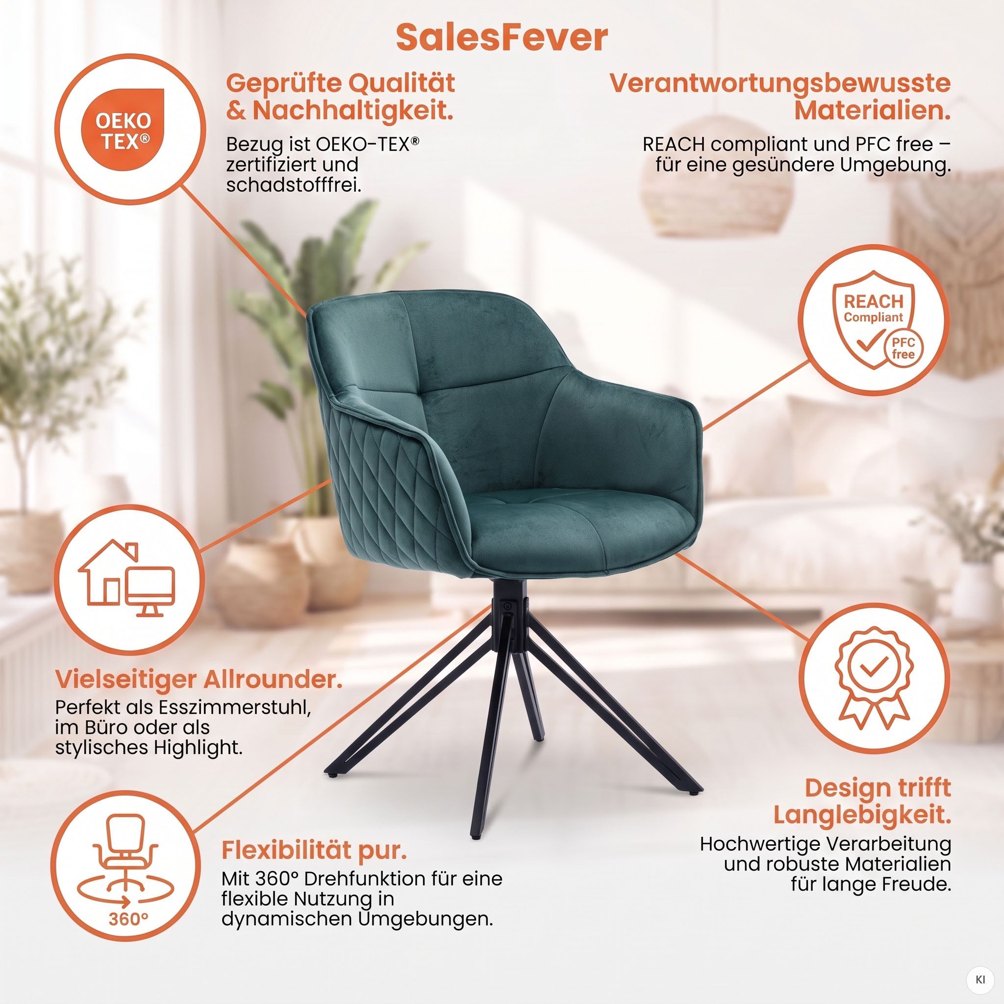 SalesFever Armlehnstuhl Stilvoller Esszimmerstuhl, mit 360° Drehfunktion – Bild 3 von 5