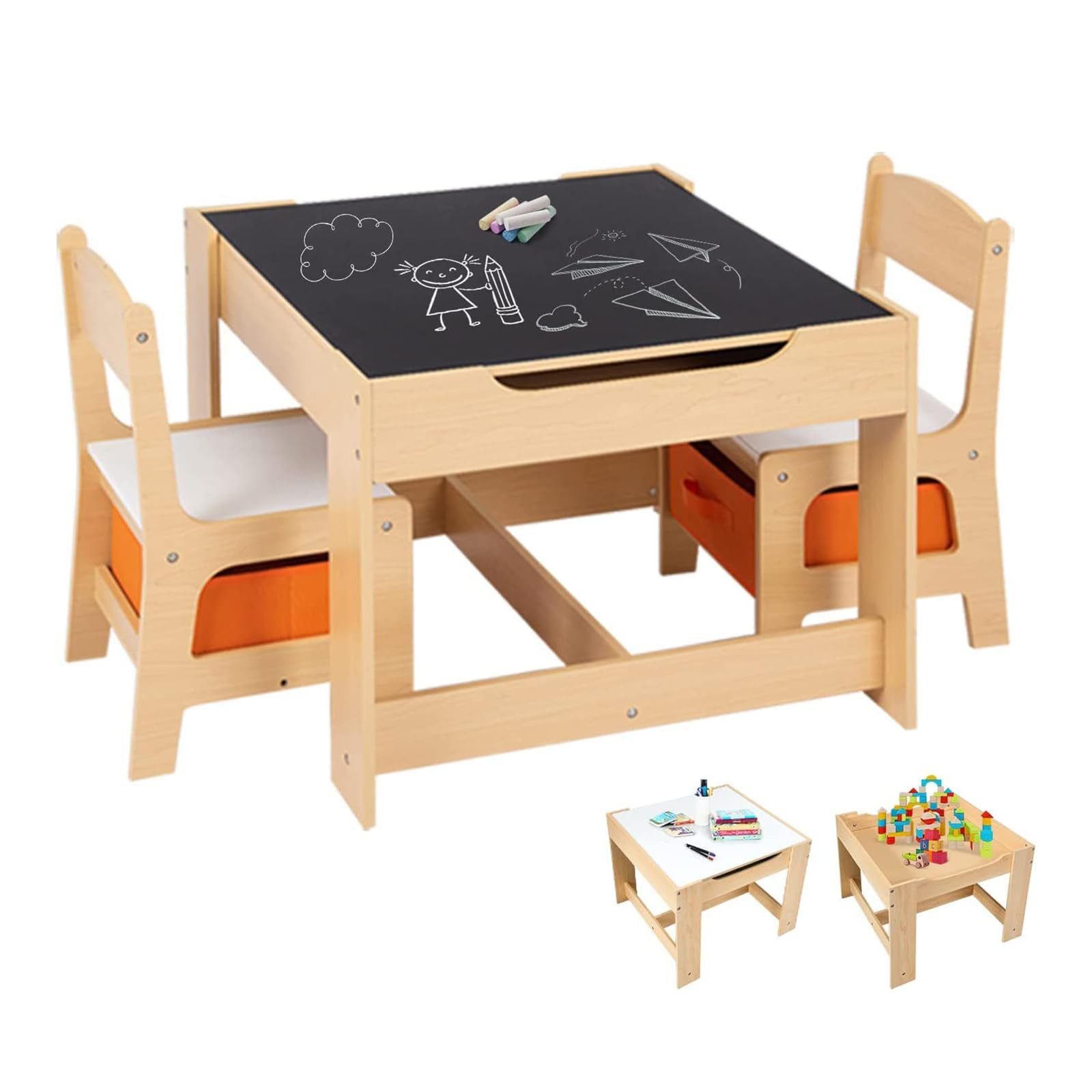 COSTWAY Kindersitzgruppe, 3tlg. Kindertisch mit 2 Stühlen, Stauraum & Tafel günstig online kaufen