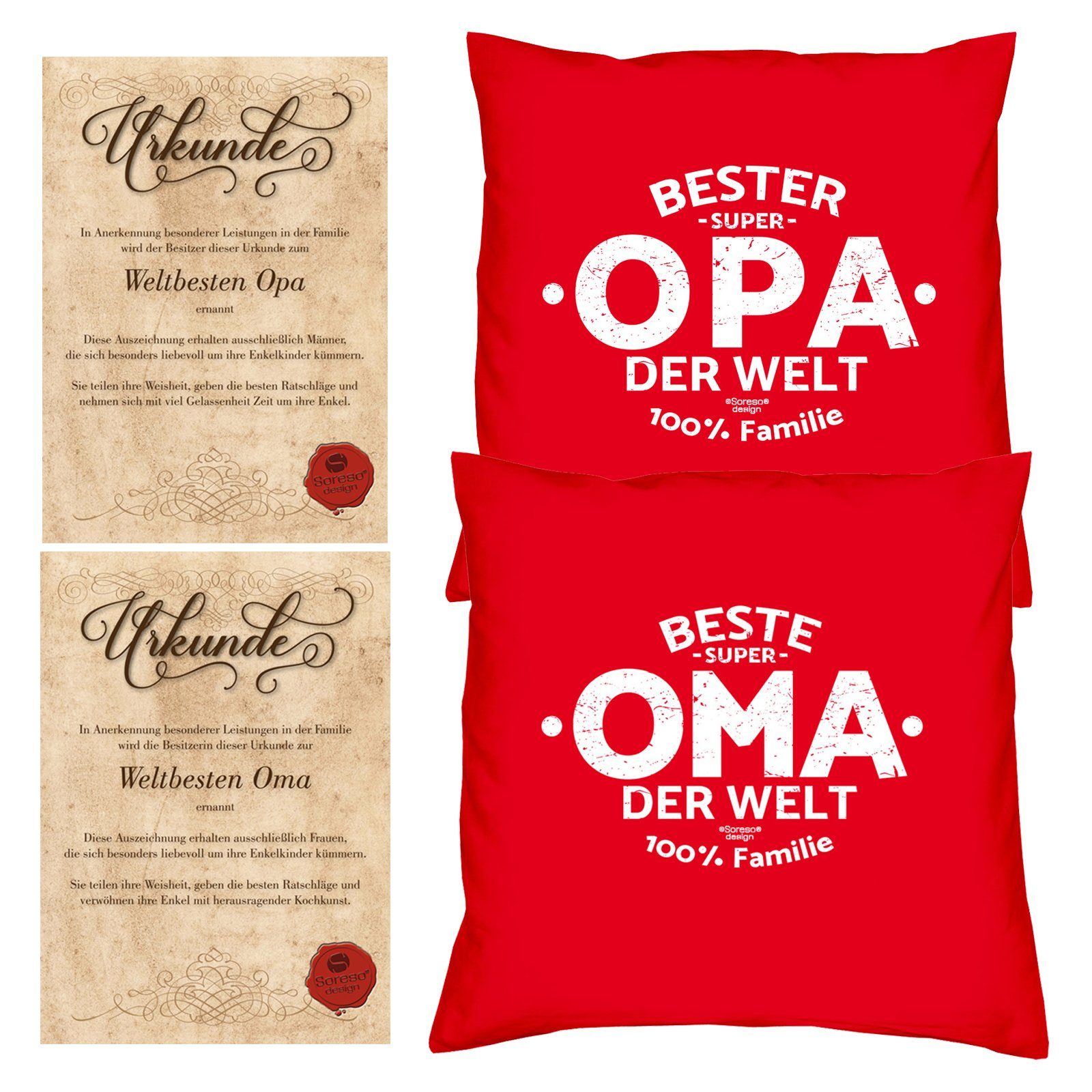 Soreso® Dekokissen Kissen-Set Beste Oma der Welt Bester Opa der Welt mit Urkunden, Geschenkidee Hochzeitstag Omatag Opatag rot