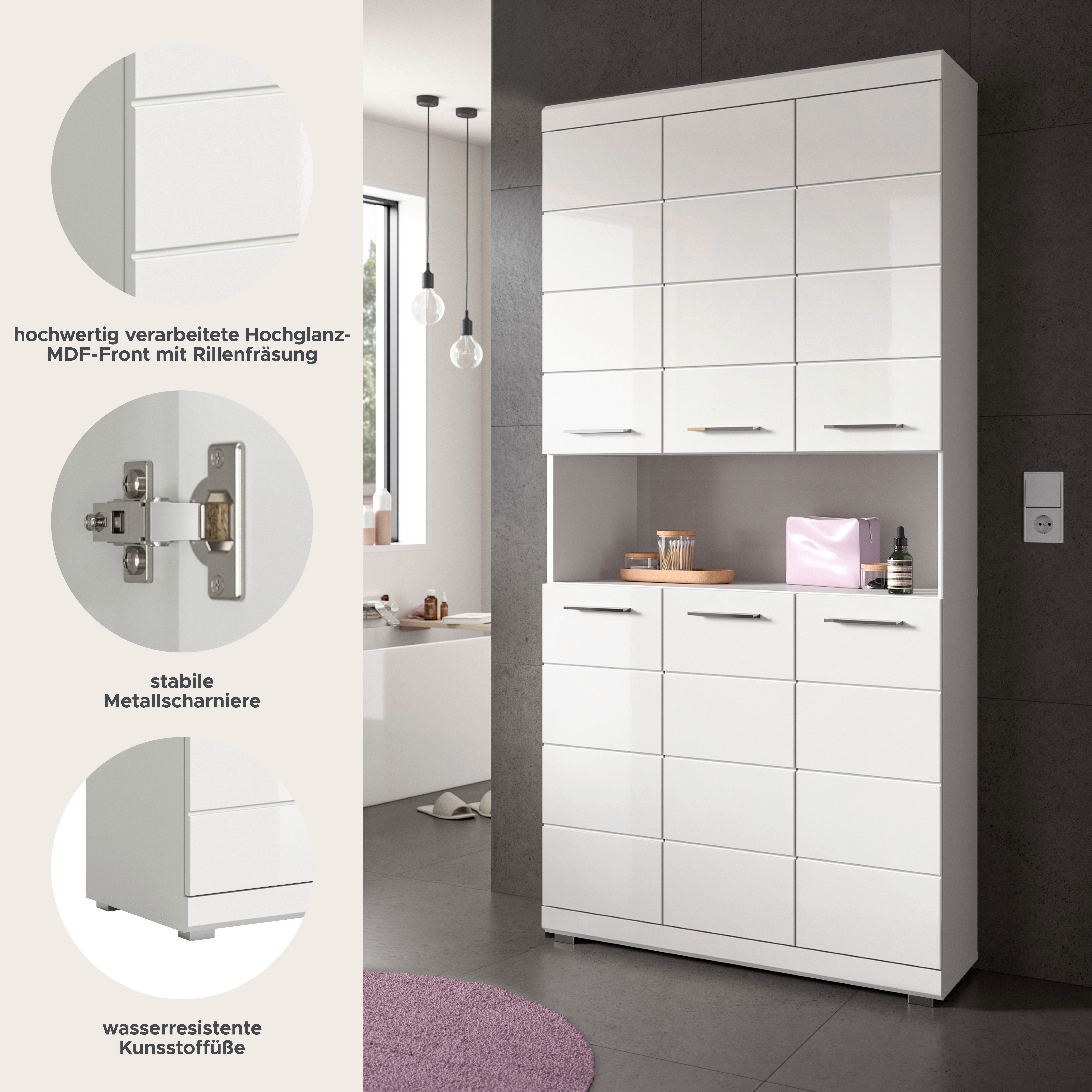 welltime Hochschrank SIENA, Höhe 191cm, 6 Türen, 1 offenes Fach, 8 Einlegeböden, MDF-Front (TOPSELLER! Viel Stauraum) Badmöbel, Badschrank, Badezimmer, Mehrzweckschrank, Universalschrank