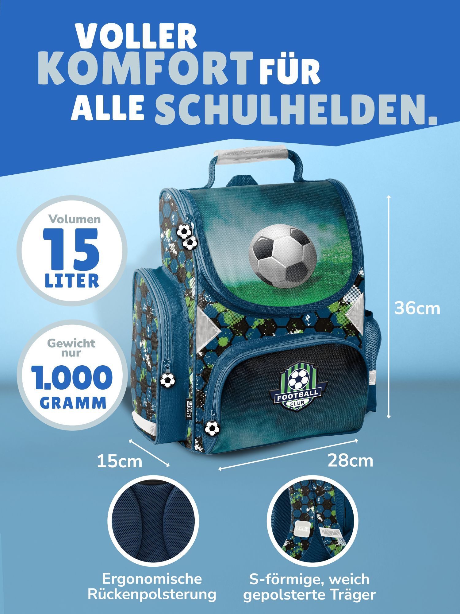 Familando Schulranzen 1.-3. Klasse ergonomisch, leicht, Volumen 15 Liter (Set, 9-tlg., inkl. Federmäppchen (gefüllt) und Sporttasche), Fussball Schultasche für Jungen; Blau