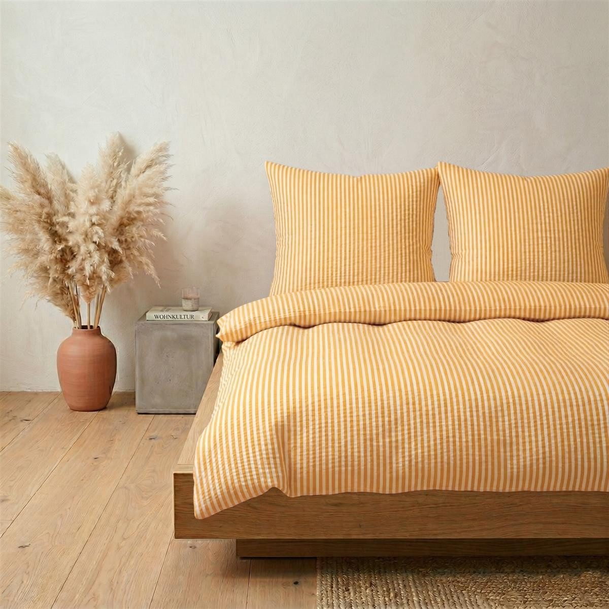 Carpe Sonno Bettwäsche Seersucker 135 x 200 155 x 220 Streifen Bügelfrei Sommer Baumwolle, Seersucker, 2 teilig, Bettbezug kühlend mit Reißverschluss & OEKO-TEX Gelb Weiß 135x200