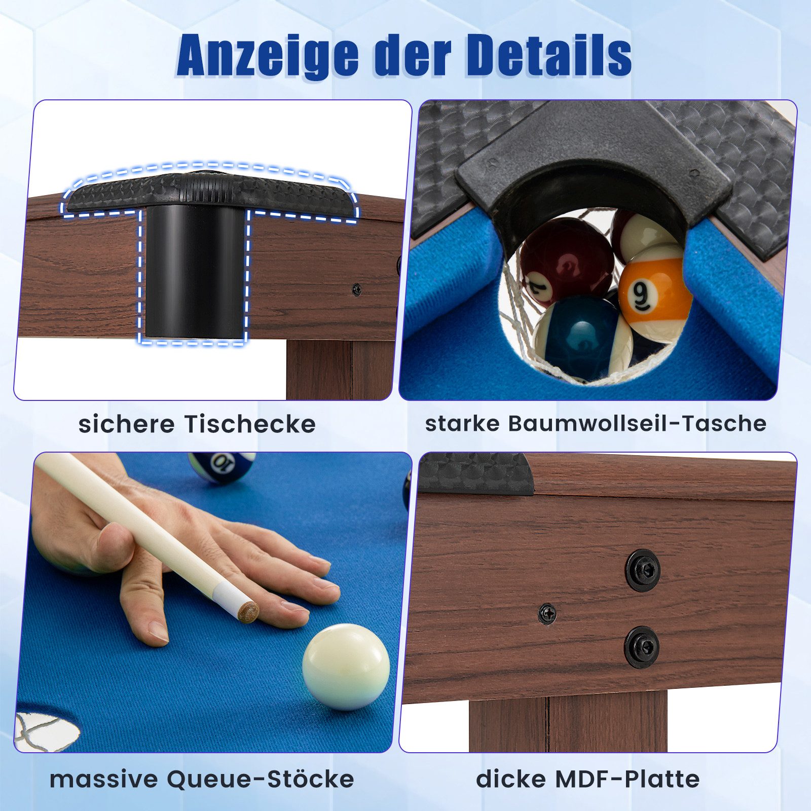 COSTWAY Billardtisch, Holz mit Kugelsatz, 2 Queues
