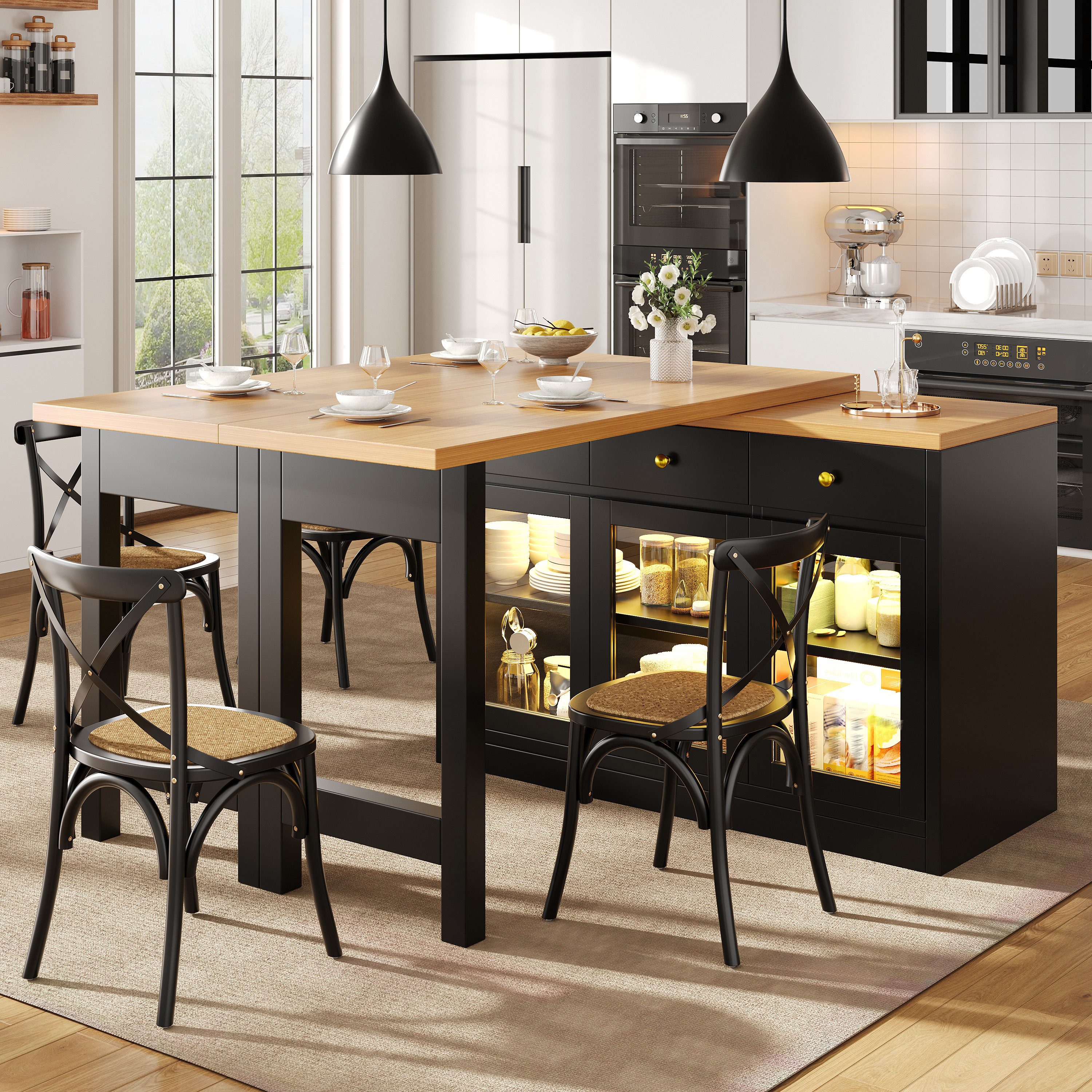 Celya Bartisch Kücheninsel ausziehbar 120-200cm (3 Schränke mit Glastüren und 3 Schubladen, mit LED-Beleuchtung, App-Steuerung), Geeignet für Küchen