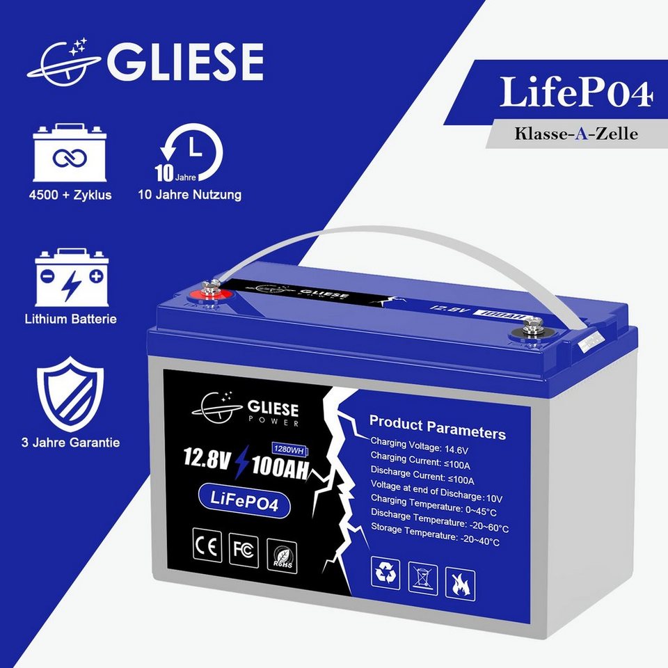 GLIESE Solarmodul 12V 100Ah LiFePO4 Batterie, 4S1P