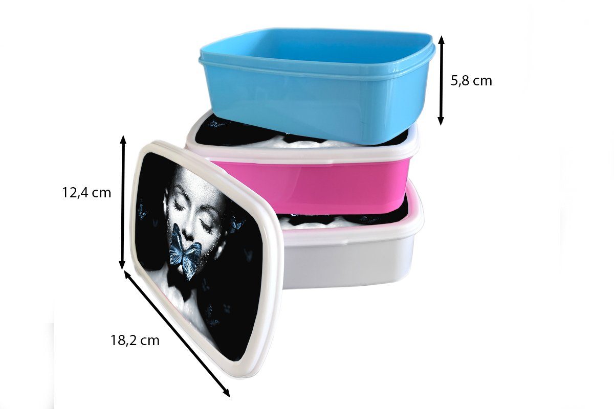 MuchoWow Lunchbox Frau - Schmetterling rosa Brotbox Snackbox, (2-tlg), - Kinder, Mädchen, Kunststoff Kunststoff, Brotdose Chic, Erwachsene, für