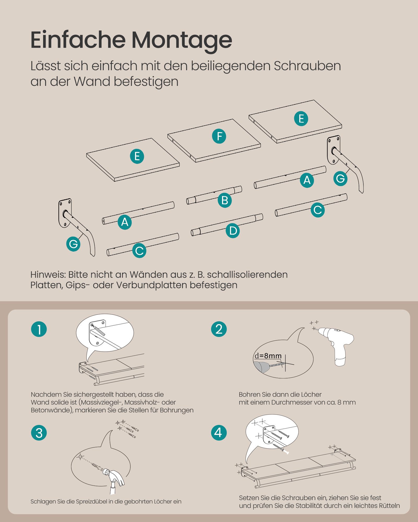SONGMICS Wandgarderobe, Garderobe, Wandregal mit Kleiderstange, Schlafzimmer