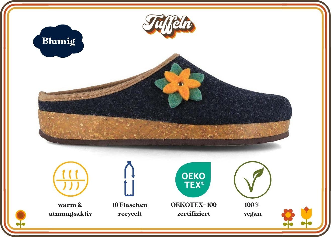 Tuffeln Blumig Filz-Pantoffeln Damen Clogs vegane Hausschuhe Hausschuh mit Korkfußbett