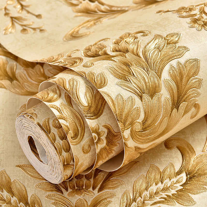 Mrichbez Wandsticker Tapete Gold Modern Vliestapete für Schlafzimmer Wohnzimmer oder Küche, Weiße Europäische Geprägte Musterwand-Kontaktpapier