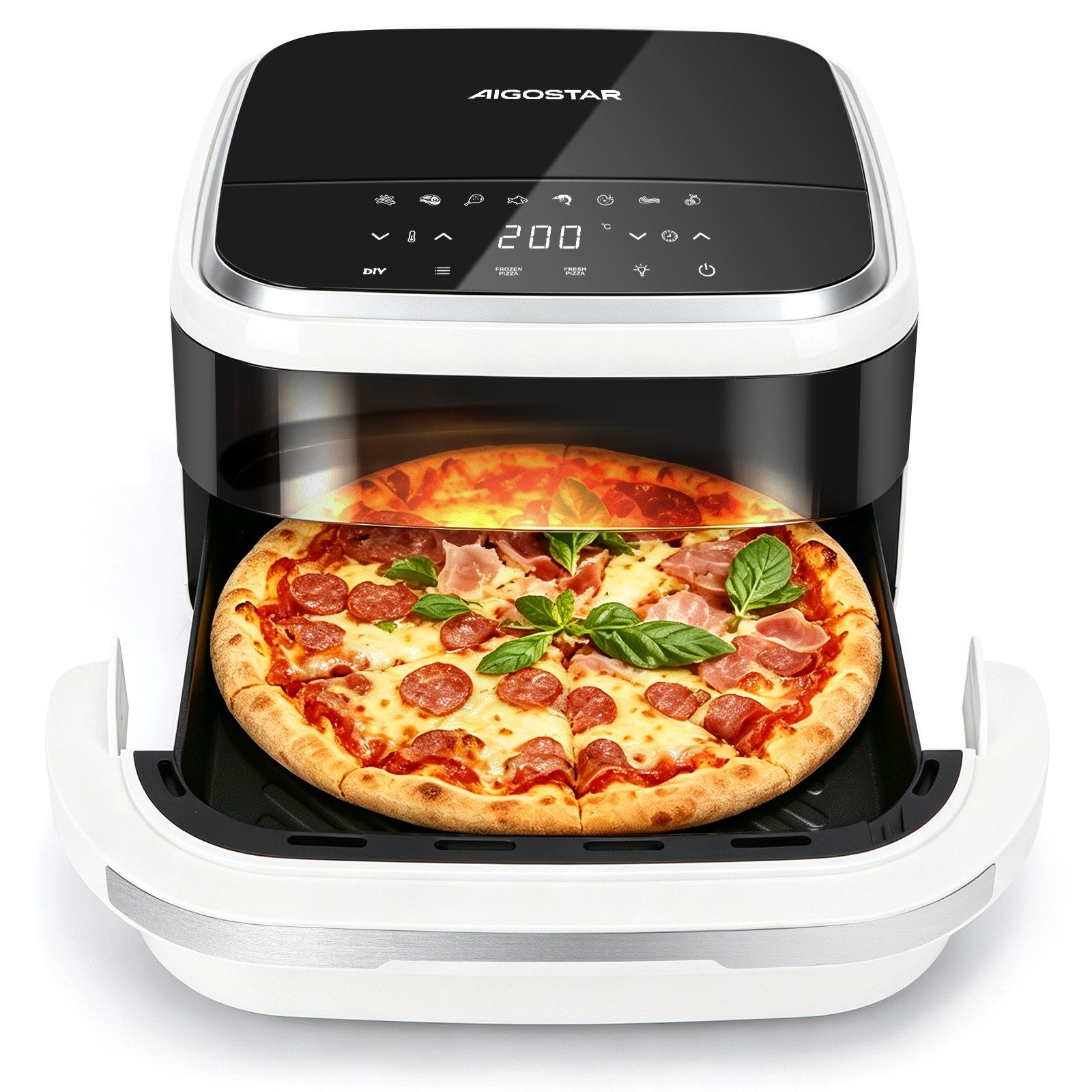 Aigostar Heißluftfritteuse XL 745 cm² Garfläche, Pizzafunktion, 2200 W, leiser, Extra-Crisp Technologie, Touchscreen, Metall-Innenraum