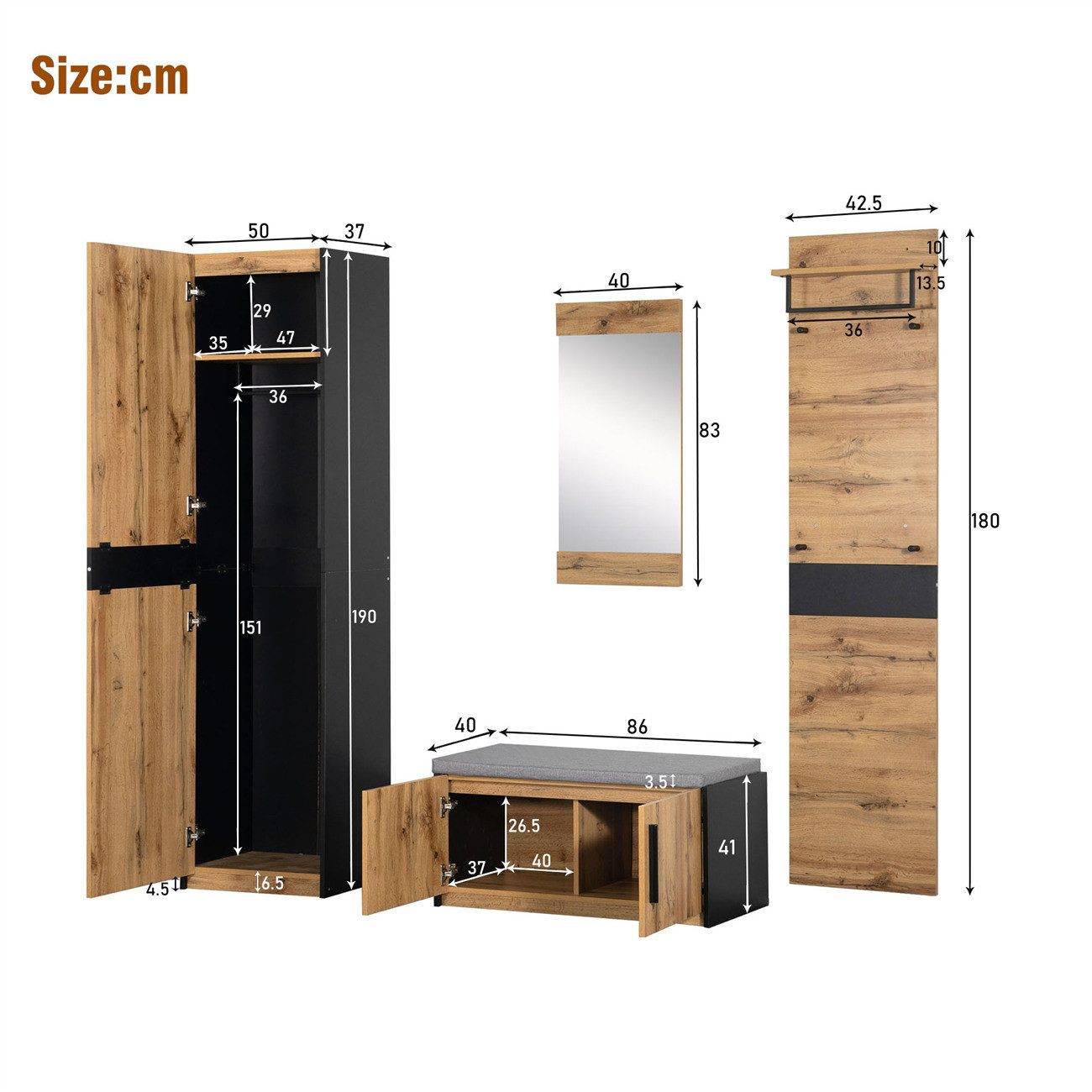 autolock Garderoben-Set Garderoben Set,4-teilig mit Spiegel und Sitzbank,Garderobenmöbel, mit 4 Kleiderhaken, Stangen und Ablage, Praktischer Wandgarderobe