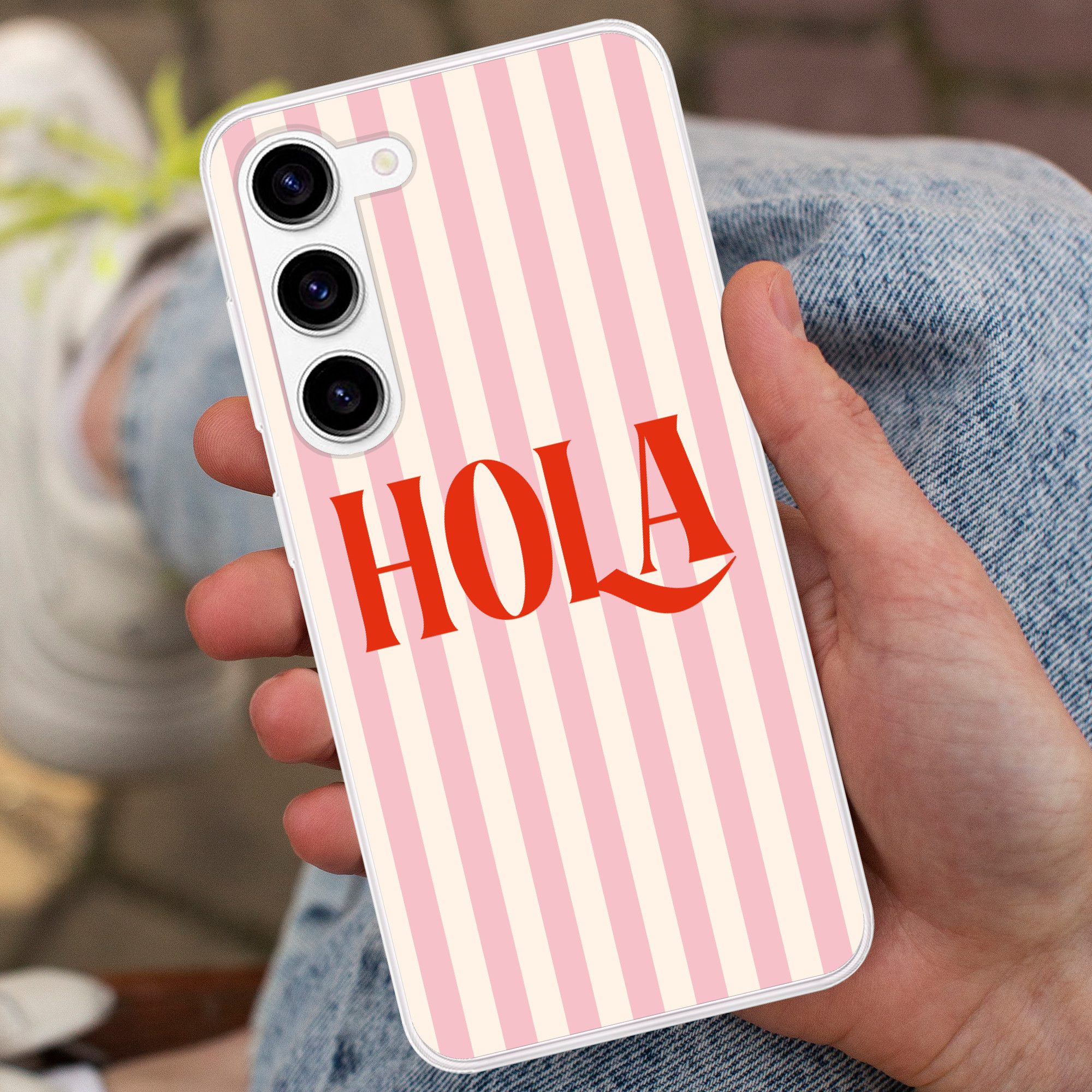 MuchoWow Handyhülle für Samsung Galaxy S23 Hola - Zitat - Streifen - Pastell - Rosa - Rot, Phone Case, Silikon, Schutzhülle Dünn