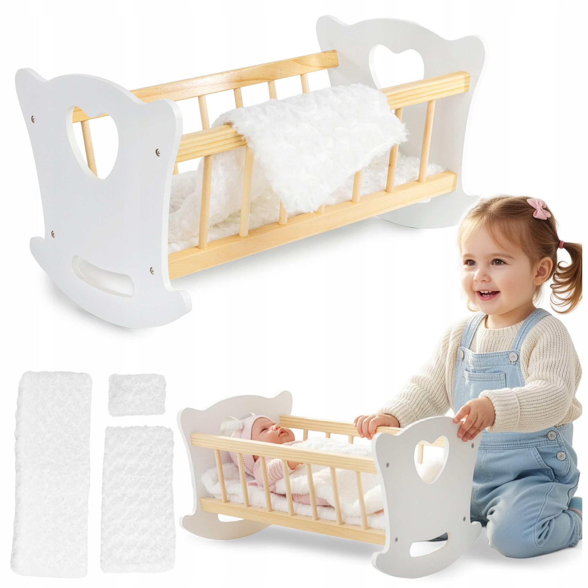 Kinderplay Dolls & Strollers Puppenwiege Holz Puppenwiege mit Bettwäsche – günstig online kaufen