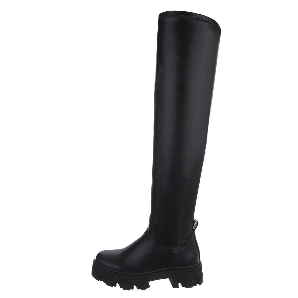 Ital-Design Damen Freizeit Overkneestiefel Blockabsatz Overknees in Schwarz