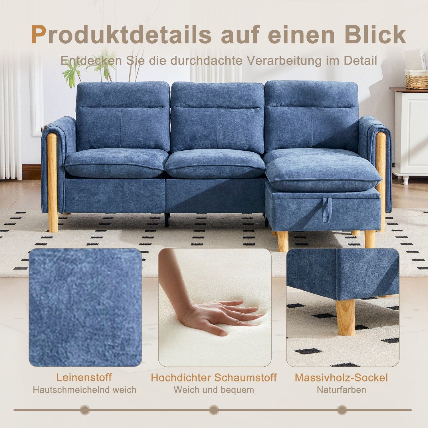ANYSUN Sofa L-förmiges modernes Sofa,3-Sitzer-Sofa mit Chaiselongue, Stauraum, Großes U-förmiges Sofa,Tischbeinen aus Holz, Vier-Sitzer-Sofa,L-förmiges Stoffsofa für das Wohnzimmer Büro Wohnung