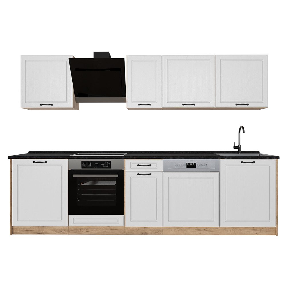 Vicco Küchenzeile R-Line, Weiß Landhaus/Goldkraft Eiche, 280 cm ohne Arbeitsplatte