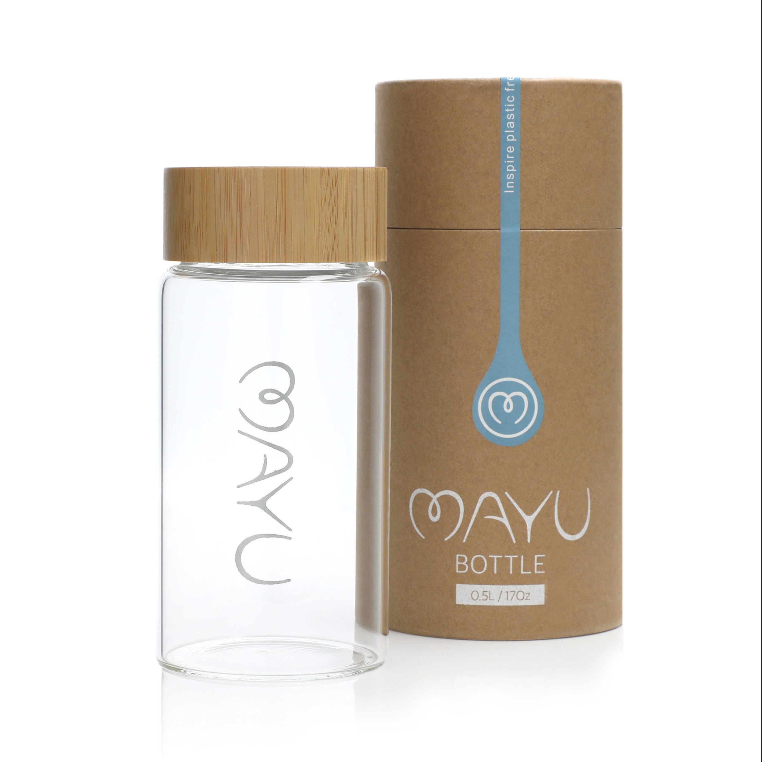 MAYU Water Trinkflasche 100% Borosilikatglas, Deckel aus Bambus, integriertes Sieb, verschiedene Größen
