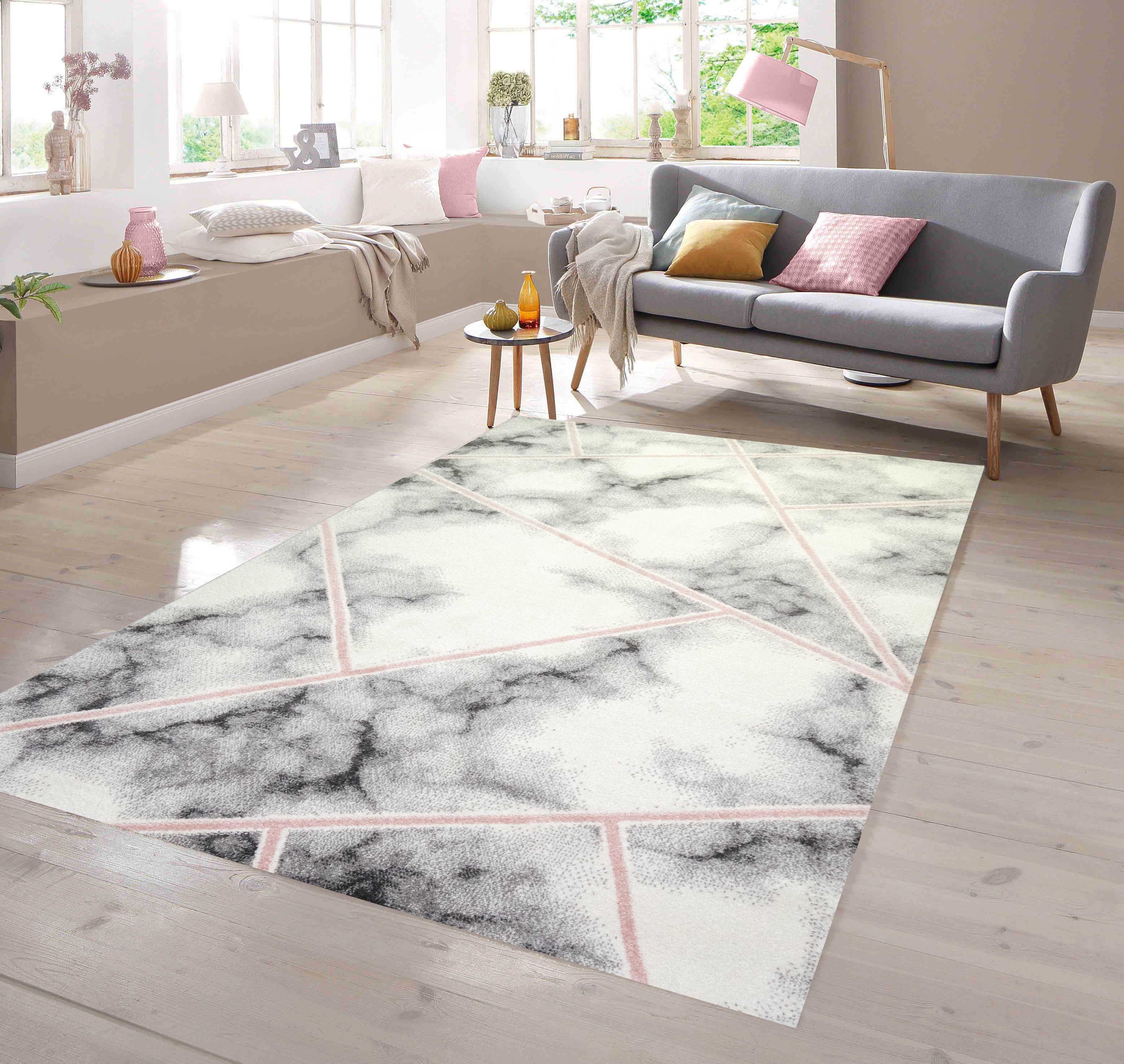 TeppichHome24 Teppich Designer Teppich Marmormuster rosa grau creme, rechte günstig online kaufen