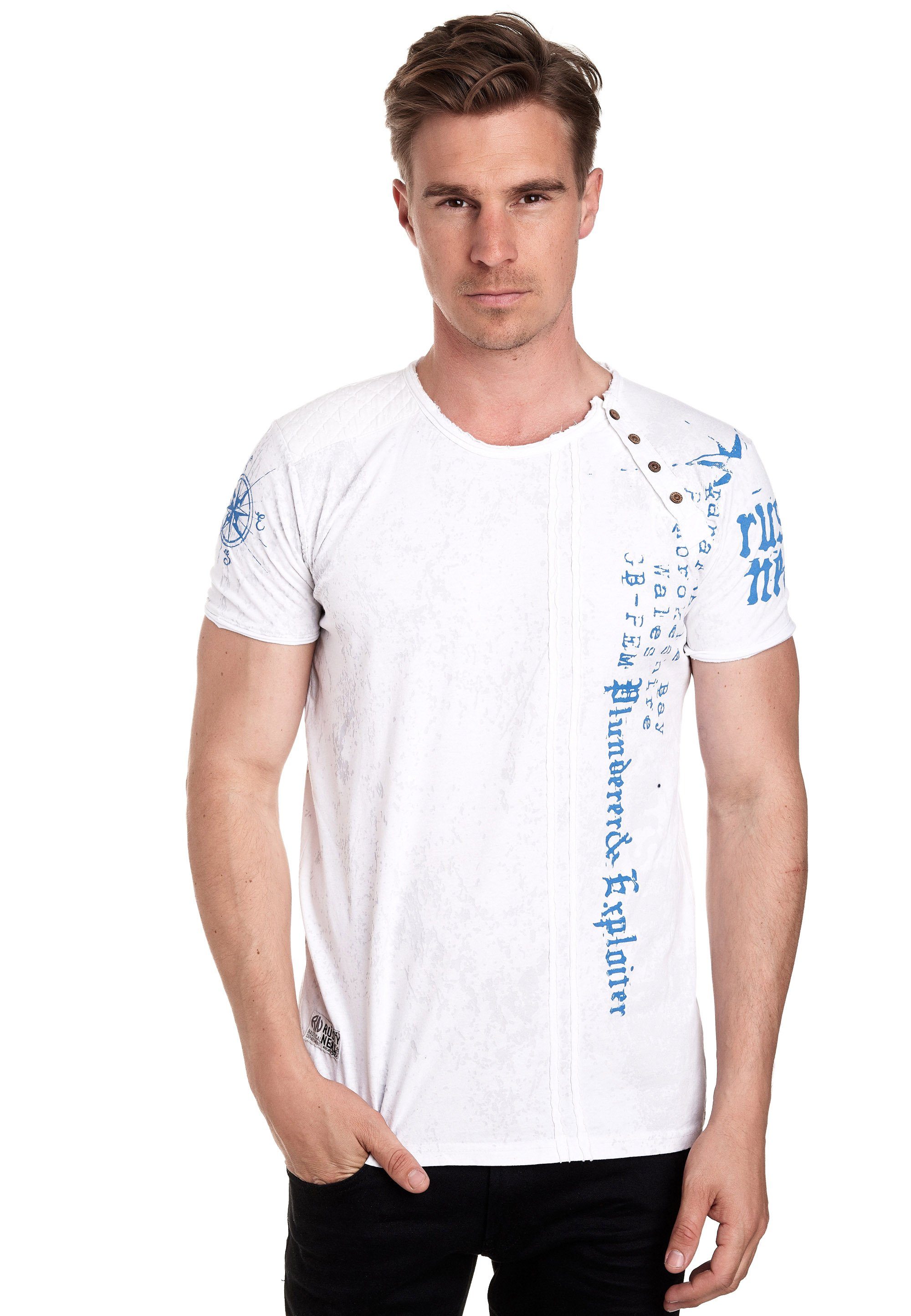 Rusty Neal T-Shirt mit seitlicher Knopfleiste weiß