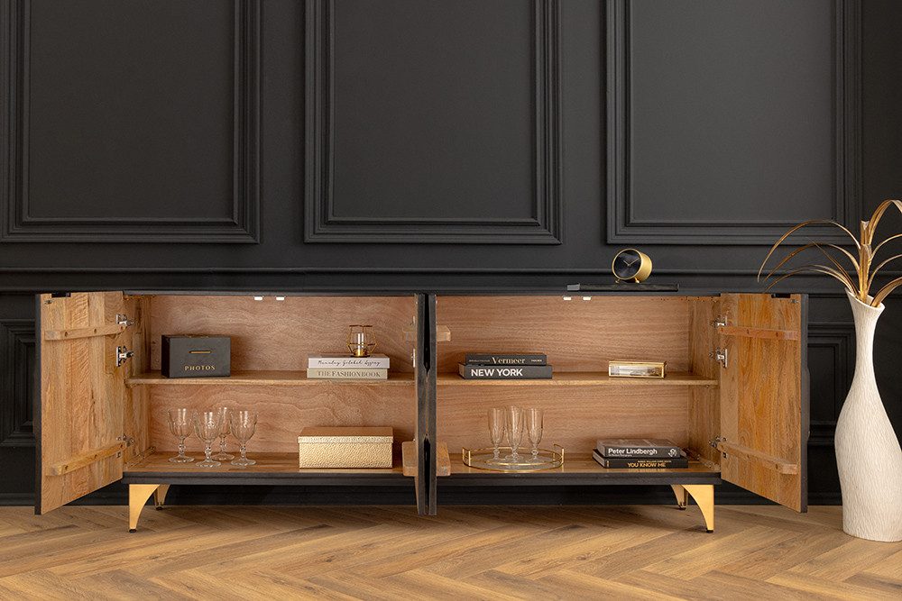 riess-ambiente Sideboard SOLARIS 180cm schwarz / gold (Einzelartikel, 1 St), Massivholz · Metall · Kommode · 3D Schnitzereien · Wohnzimmer · Design