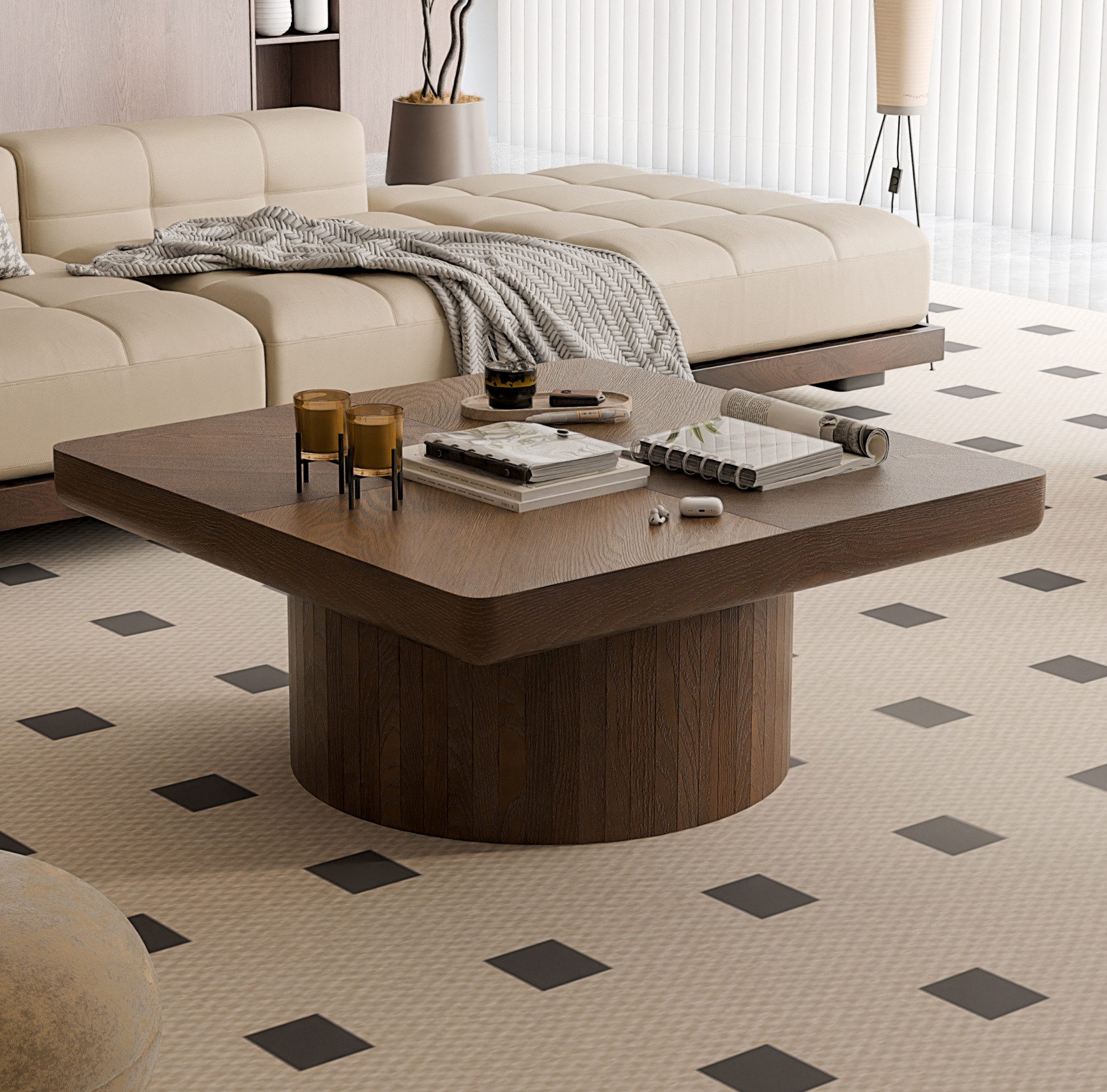MODFU Couchtisch 78x78 cm Wohnzimmertisch quadratisch Walnuss Holzoptik Tischplatte (Packung, 1-St., Quadratischer Beistelltisch mit dicker Oberfläche Montage), Moderner Sofatisch mit Parquet Muster und zylindrischem Standfuß