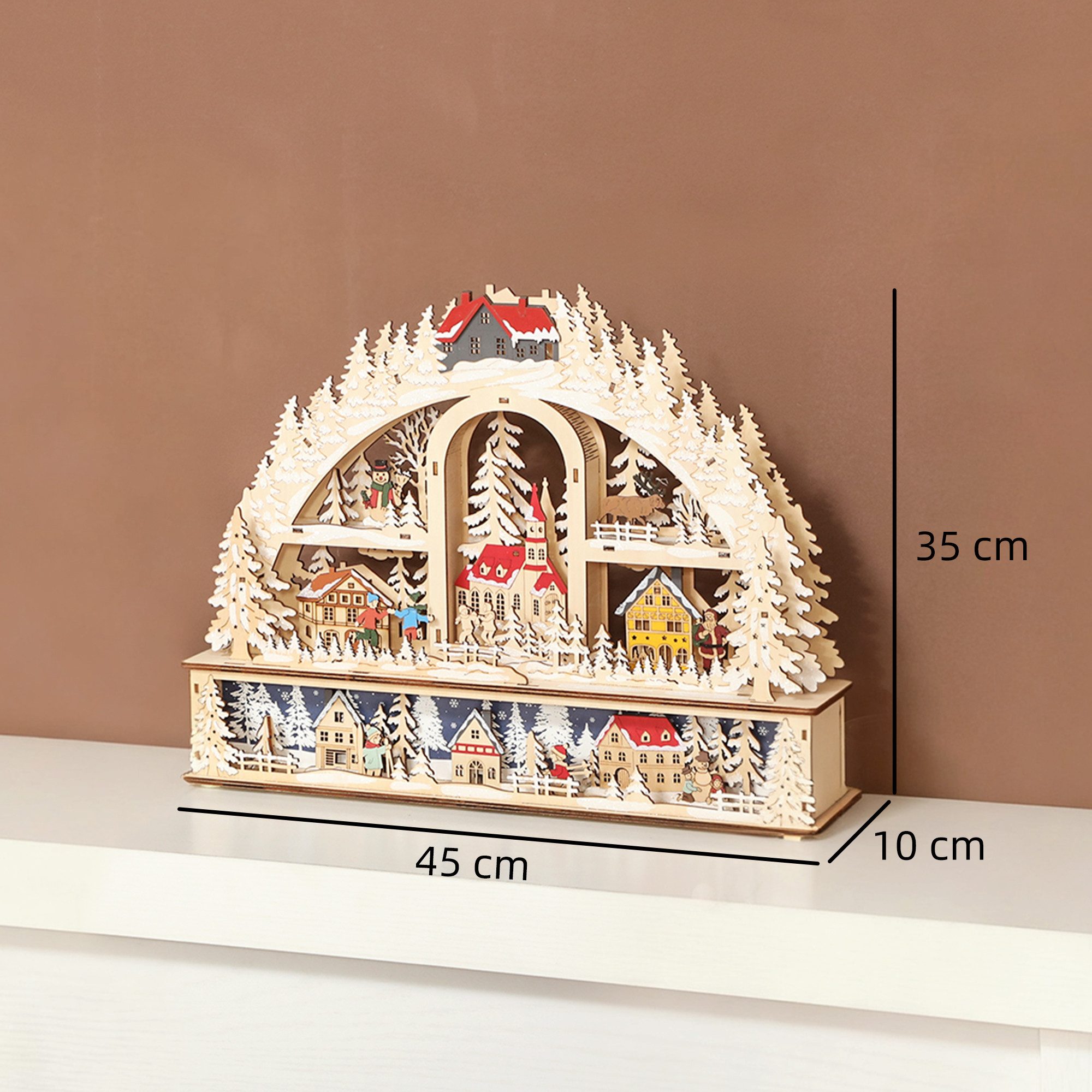 HOMCOM Weihnachtsdorf Batteriebetrieb, Dekoration, 20 LED-Lichter, Naturholz