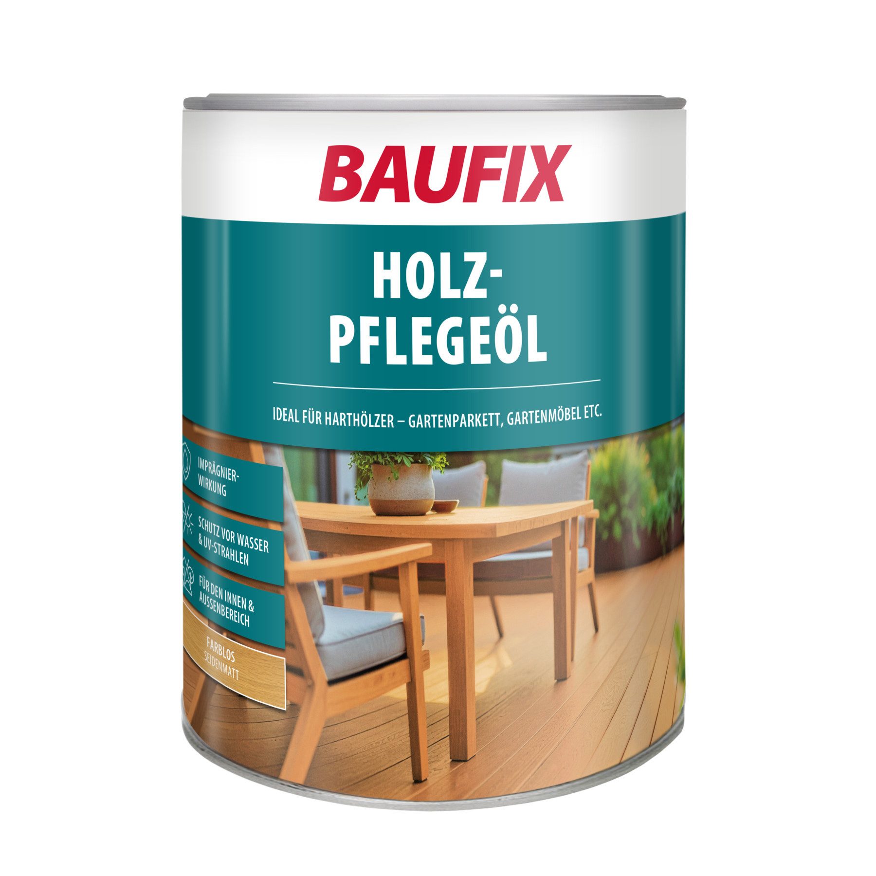 Baufix Holzpflege seidenmatt, 2,5 Liter für ca. 25 m² Holzpflegeöl, Pflegeöl für Teak- & Harthölzer, Terrassen & Möbel im Außenbereich