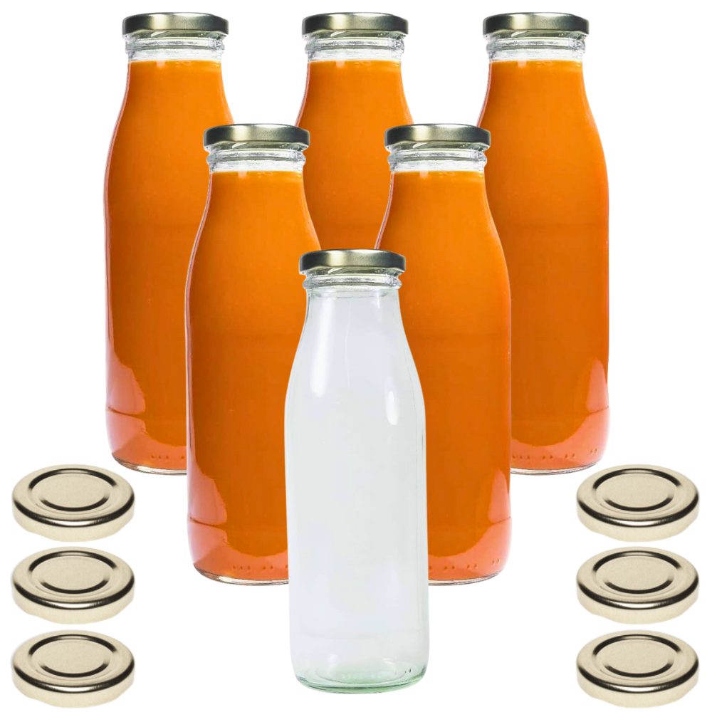 mikken Trinkflasche 6er Set Milchflaschen 500 ml mit Schraubdeckel plus 6 Erssatzdeckel, Fassungsvermögen: 0,5 Liter