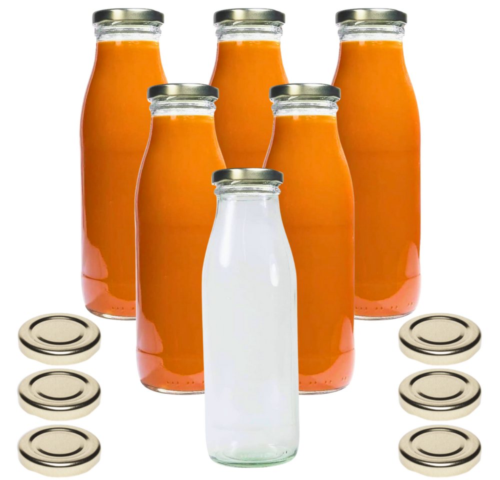 mikken Trinkflasche 6er Set Milchflaschen 500 ml mit Schraubdeckel plus 6 Erssatzdeckel, Fassungsvermögen: 0,5 Liter