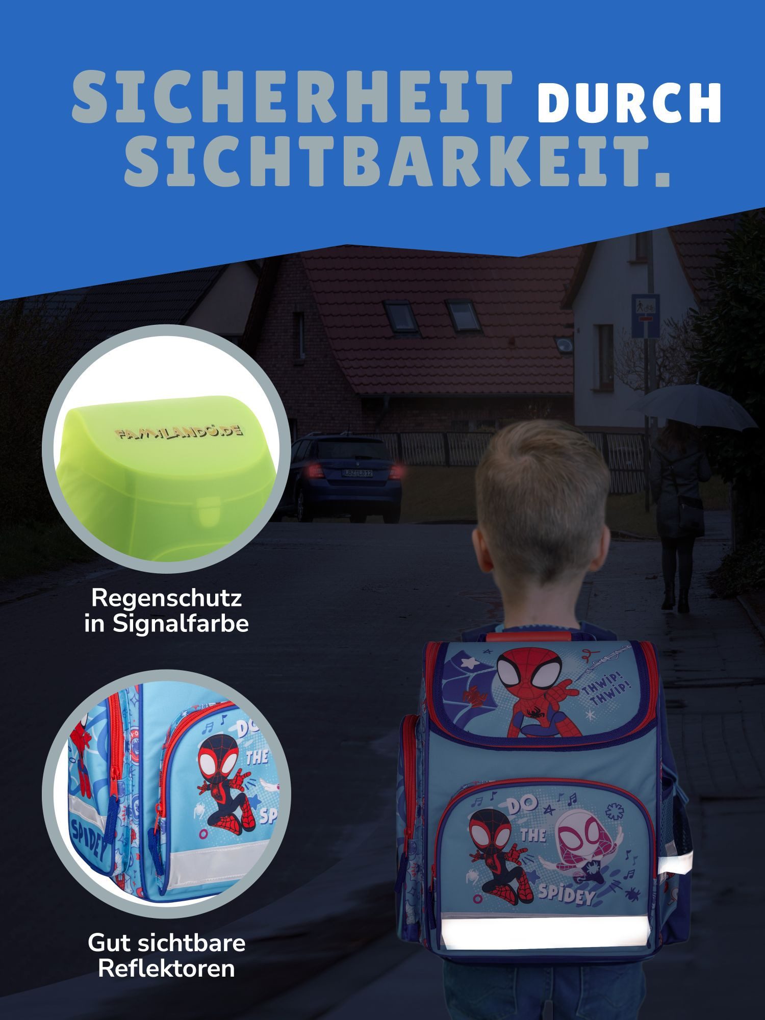 Familando Schulranzen Schulranzen SPIDEY 1.-4. Klasse ergonomisch, leicht, Volumen 15 Liter (10-tlg., inkl. Sporttasche und Schultüte / Zuckertüte 70cm), SPIDEY – Bild 4 von 5