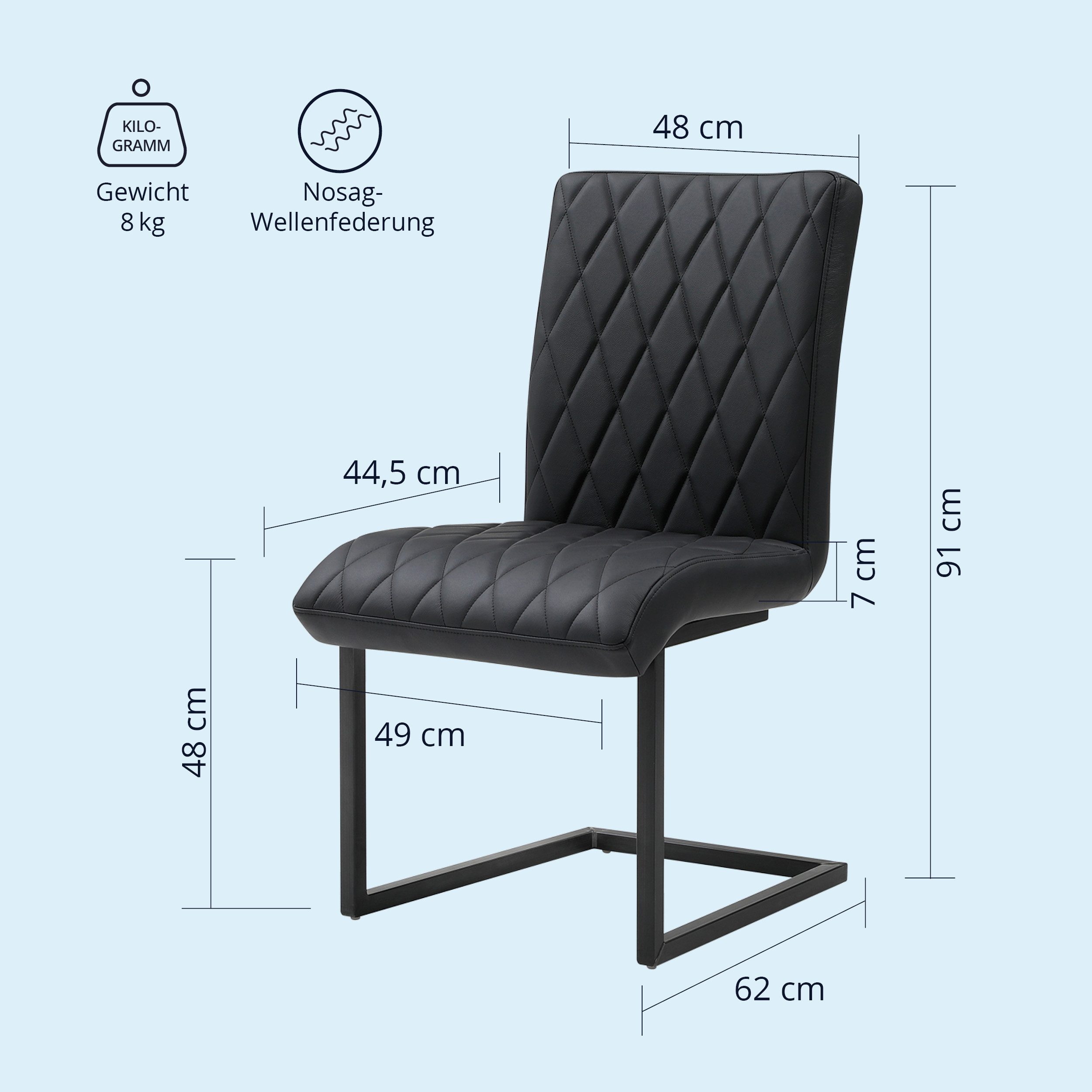 KHG Freischwinger Esszimmerstuhl Leder Schwarz, bis 110 kg belastbar, Vintage Stil, gepolstert, Nosag-Wellenfederung, Metallgestell Schwarz