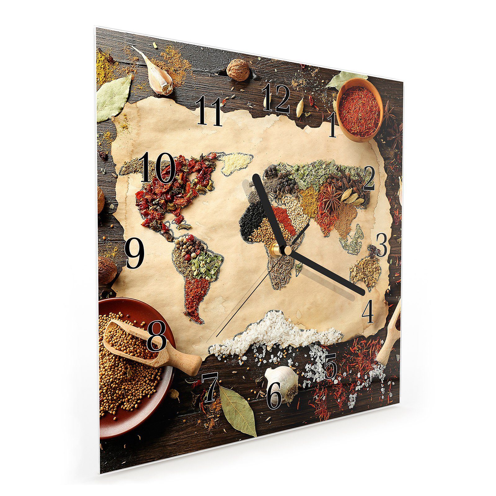 Primedeco Wanduhr aus cm Wanduhr Gewürzen Motiv x Weltkarte Größe Glasuhr Wandkunst mit 30 30