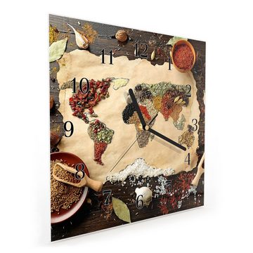 Primedeco Wanduhr Glasuhr Wanduhr Wandkunst Größe 30 x 30 cm mit Motiv Weltkarte aus Gewürzen