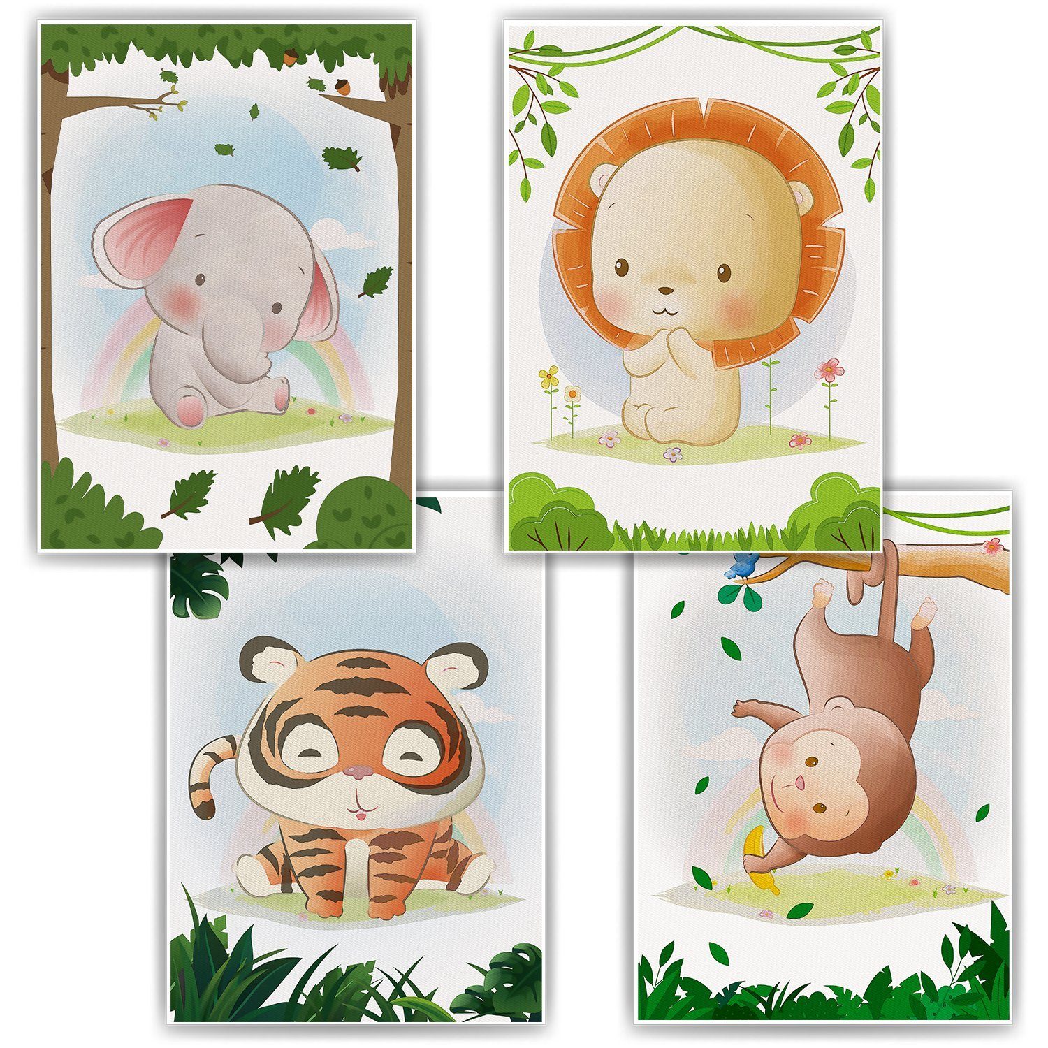 Poster Elefant Löwe Tiger Affe Safari Tiere 4er Set Kinderzimmer Wandbilder
