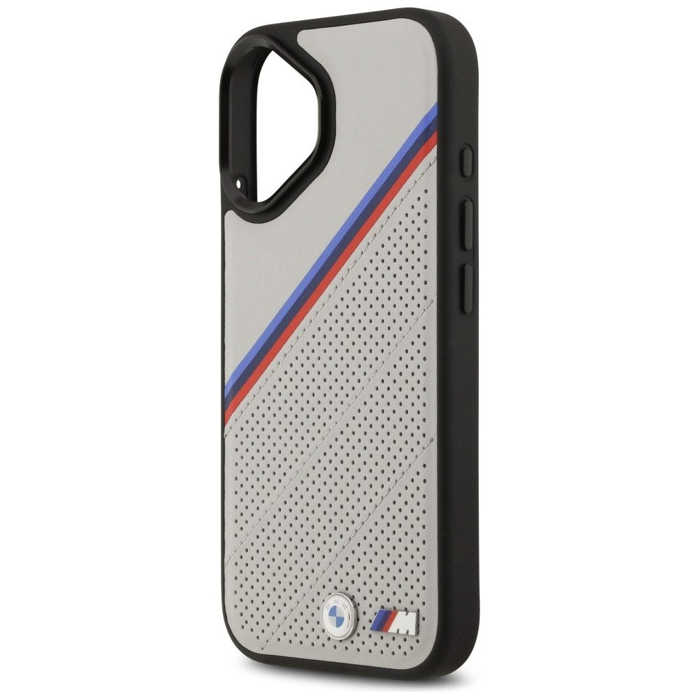 BMW Handyhülle Case iPhone 17 MagSafe Kunstleder grau Tricolor Logo Metall 6,3 Zoll, Kantenschutz