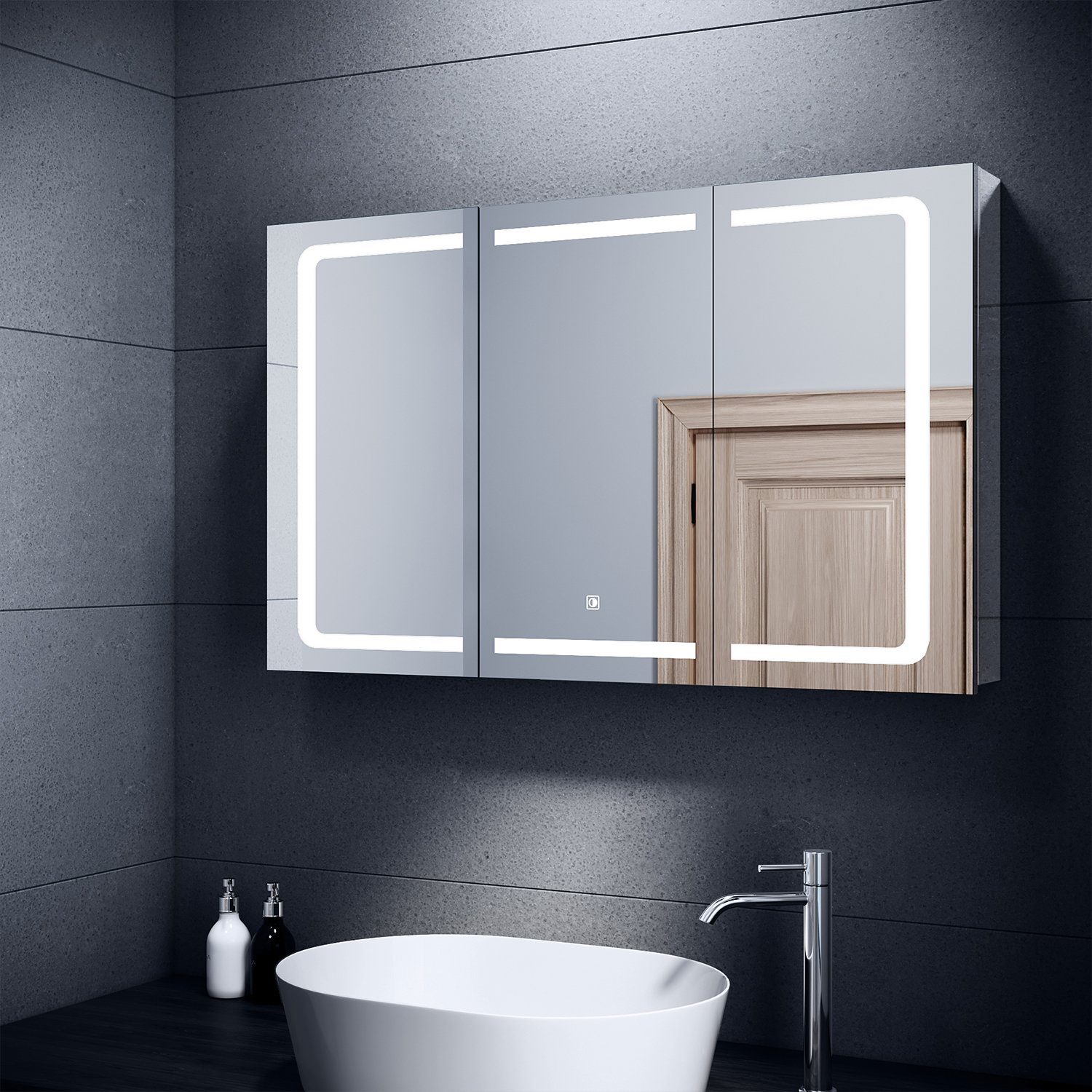 SONNI Badezimmerspiegelschrank »Badezimmerspiegelschrank mit beleuchtung,  105 cm x 65 cm,« LED, mit Touch und Steckdose, Edelstahl, 3 türig, mit 2/3  Fächern
