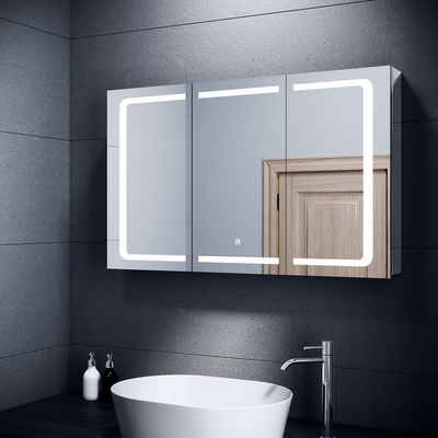 SONNI Badezimmerspiegelschrank Badezimmerspiegelschrank mit beleuchtung, 105 cm x 65 cm, LED, mit Touch und Steckdose, Edelstahl, 3 türig, mit 2/3 Fächern