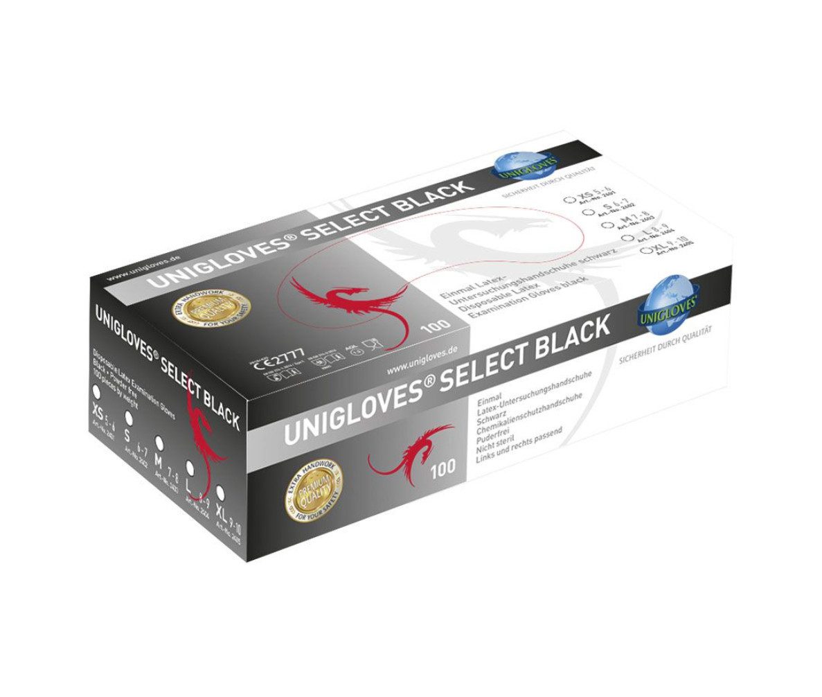 DocMed Latexhandschuhe Select Black U.-Handschuhe Gr. XS/S/M/L/XL (Einmalhandschuhe, 100-St., Rollrand für einfaches An- und Ausziehen) Puderfrei und unsteril für hautfreundlichen Tragekomfort
