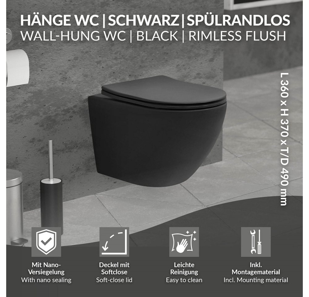 Thumbnail - LuxeBath Tiefspül-WC Spülrandloses Hänge WC Keramik mit WC-Sitz abnehmbar Softclose, Toilette Schwarz matt mit Nano Besc...