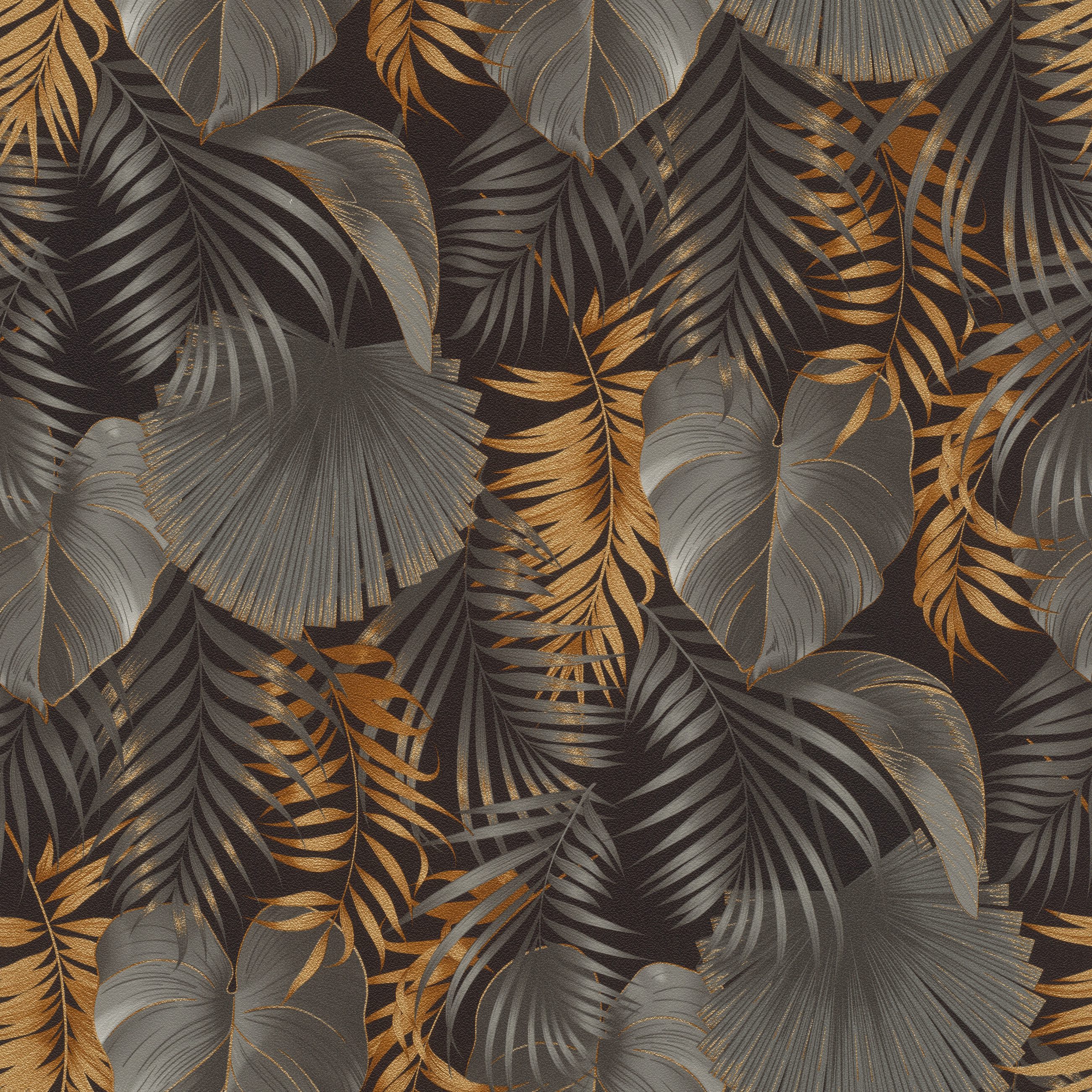 Rasch Vliestapete Blätter & Dschungel - Vinyltapete Grau Schwarz Gold, floral, bedruckt, (1 Rolle, 1 St., 10,05 m x 0,53 m), Lichtbeständige Farben - Feucht abwischbar - Restlost abziehbar