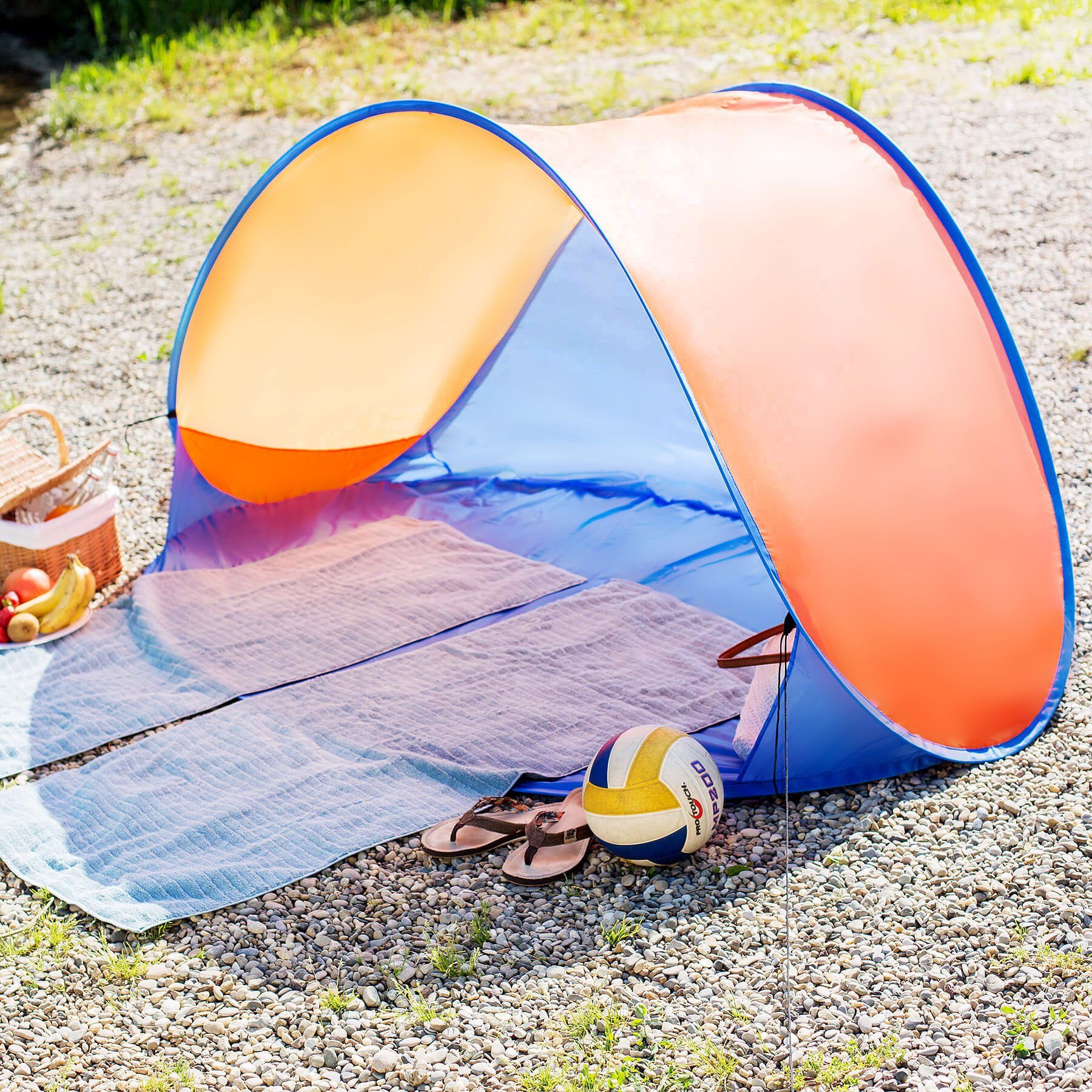 tectake Strandmuschel Pop-Up Strandmuschel, 220 x 120 x 100 cm selbstaufbauend, Personen: 2 (Strandzelt Jasmin, Inkl. Zubehör und Tragetasche in blau/orange), Fiberglasgestänge, gute Belüftung, UV-beständig, inkl. 2 Ablagefächer