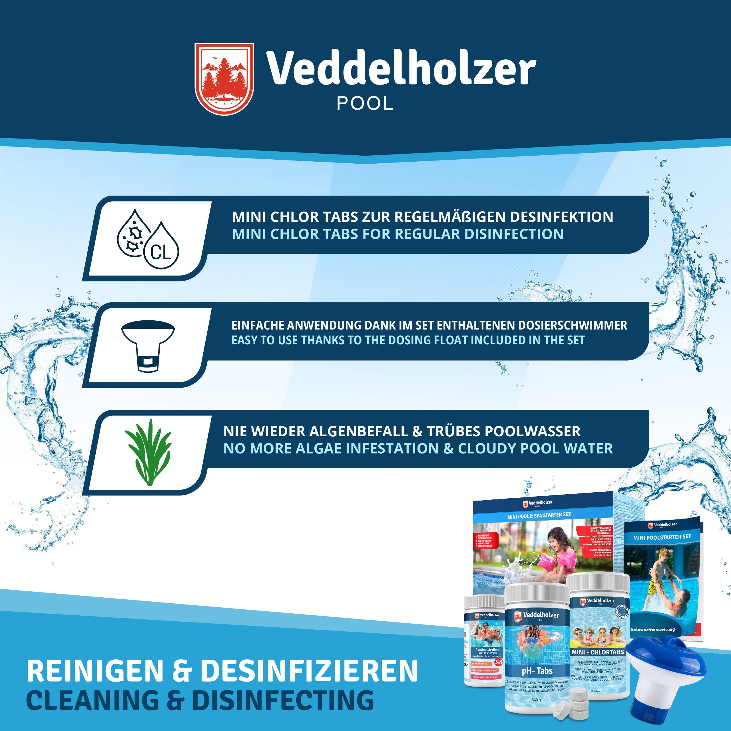 Veddelholzer Poolpflege Mini 4 in 1 Reinigungsset Pool & Spa Poolreiniger, (4 in 1 Poolreiniger, Chlor Mini Tabs, 1 Dosierschwimmer, Pooltester, pH Senker), Anwendung in kleinen Pools & Whirpools ausgelegt