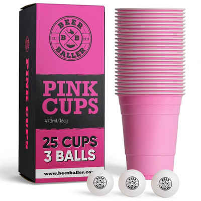 BeerBaller Becher BeerBaller® Pink Cups - 25 pinke Beerpong Becher & 3 Bälle als Set, 16oz/473ml