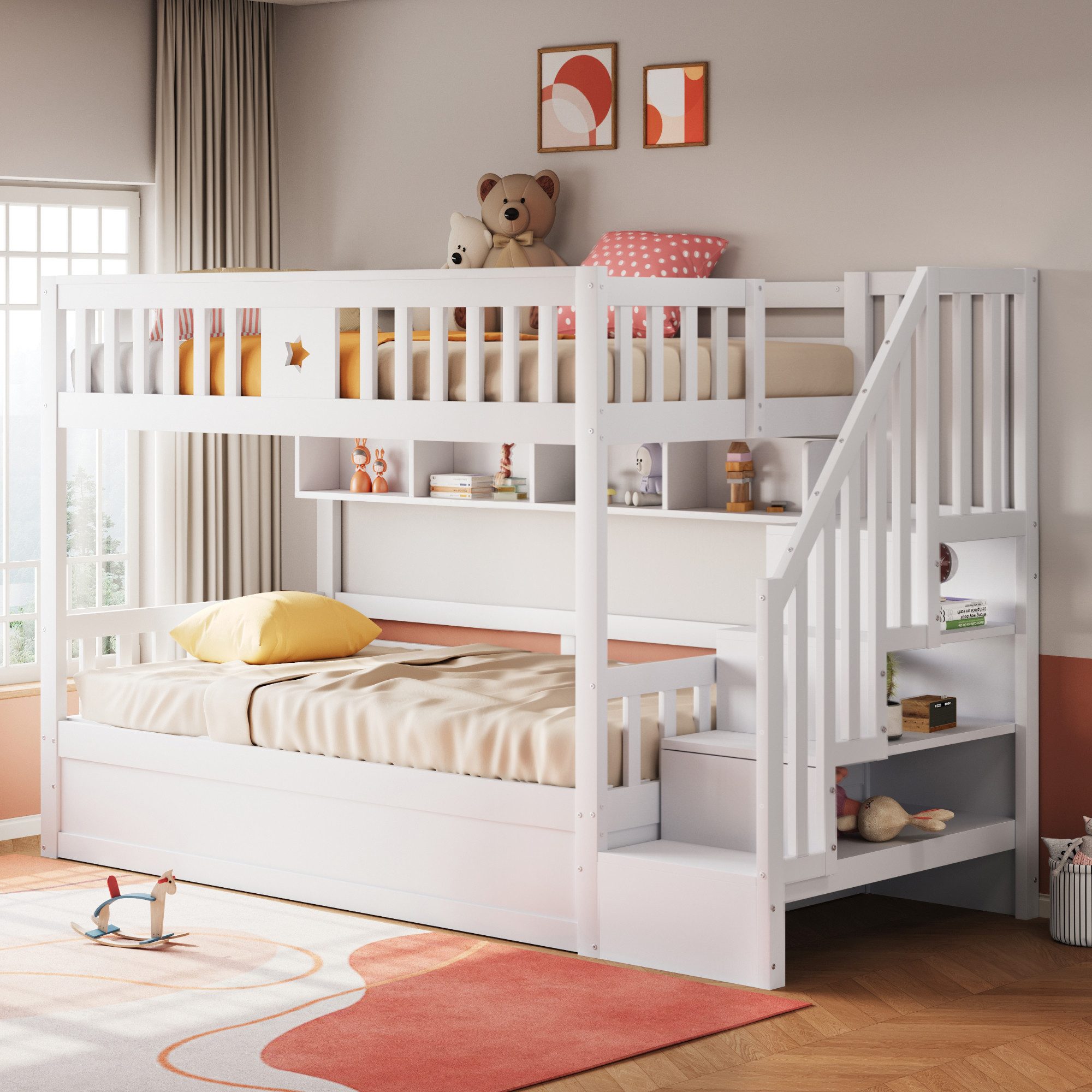 Merax Etagenbett mit hydraulischem Unterbett (1-St., Stockbett Jugendbett Doppelbett Hochbett aus Massivholz), Kinderbett 90x200cm mit Stauraumtreppe, Regalen & Sicherheitsgeländer